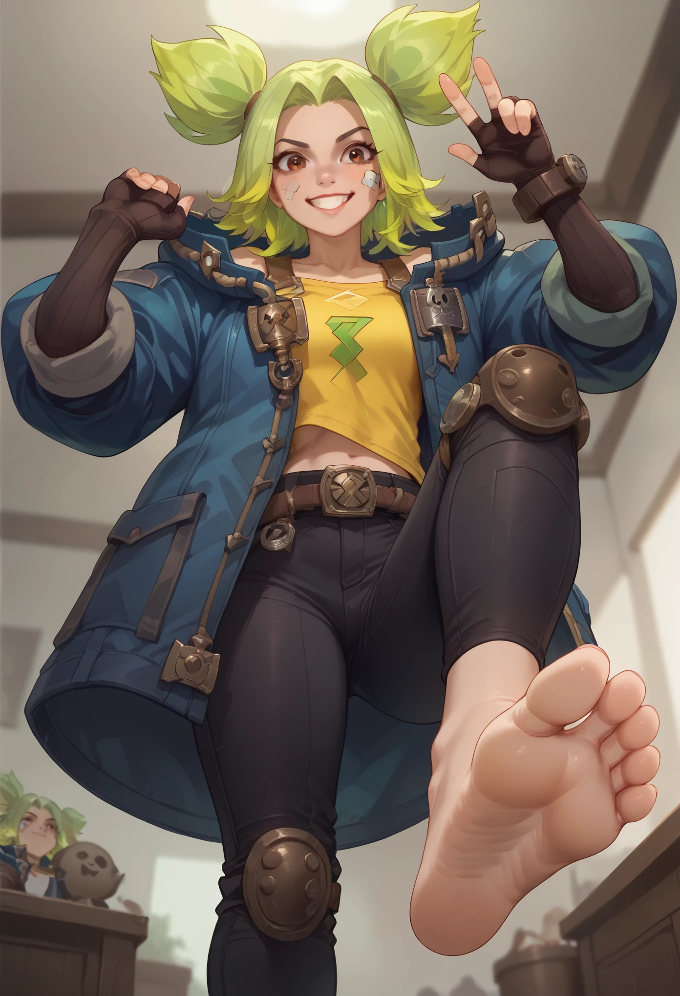 masterpiece, best quality, ZeriLoLXL, brown eyes, green hair, twintails, sidelocks, freckles, bandaid on face, medium breasts, blue jacket, open jacket, yellow midriff, gloves, fingerless gloves, black pants, belt, knee pads, smile, barefoot, footstomp, soles, toes, foreshortening, view from below, indoors