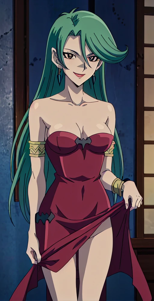 Camula, 1girl, solo, official art, anime screencap, upper body, looking at viewer, smile, long red dress, armlets, perfect quality, good quality, masterpiece, HDR, UHD nipples, pussy, undressing, nipples, dress lifted by self, dress lift, pussy, sexy legs, beautiful body, 