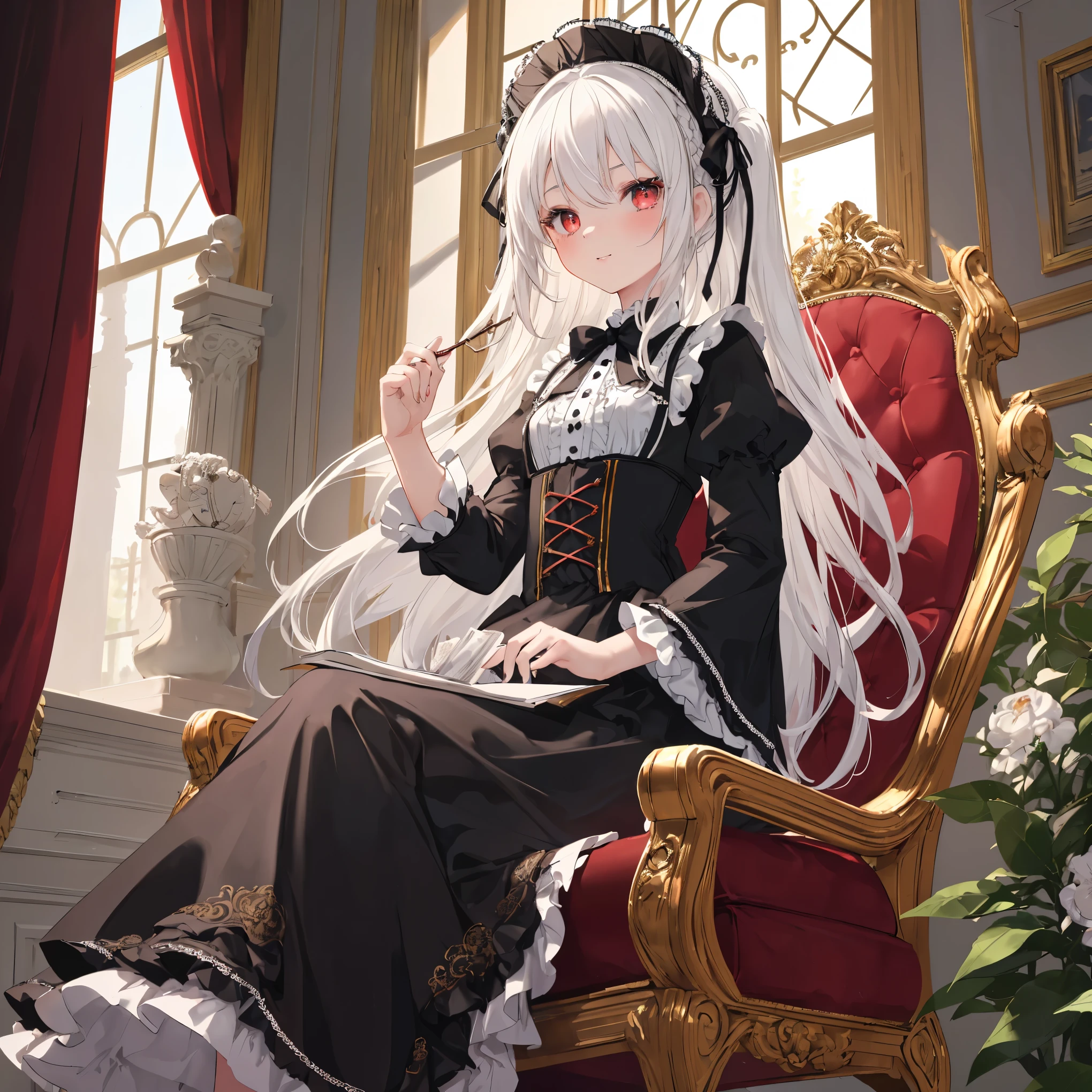    High image quality  , masterpiece,  Delicate hair  ,  DELICATE EYES FULL OF DECISION,  Delicate hair  , ((masterpiece, 最   High image quality  )),    High image quality  , masterpiece,  Delicate hair  ,  DELICATE EYES FULL OF DECISION,(Photo Original)， one girl playing pranks， ((  16-year-old girl with white hair and red eyes  ,   gracefully sitting in an ornate chair  , gothic lolita dress, Small and delicate, Champion&#39;s Attitude,  intelligent gaze and gentle smile  , Intricate braided hairstyle ,  antique cross necklace ,  expandable rune baton nearby  )),   mystery novel on chess board and side table ,   bookshelf and whiteboard with intricate pictures in the background ,   ornate room with red and gold decorations  ,  Digital Art Style , Influenced by anime,   Details,  high quality   ,Ash,((Ink wAsh painting)),((ink splAshing)),((color splAshing))