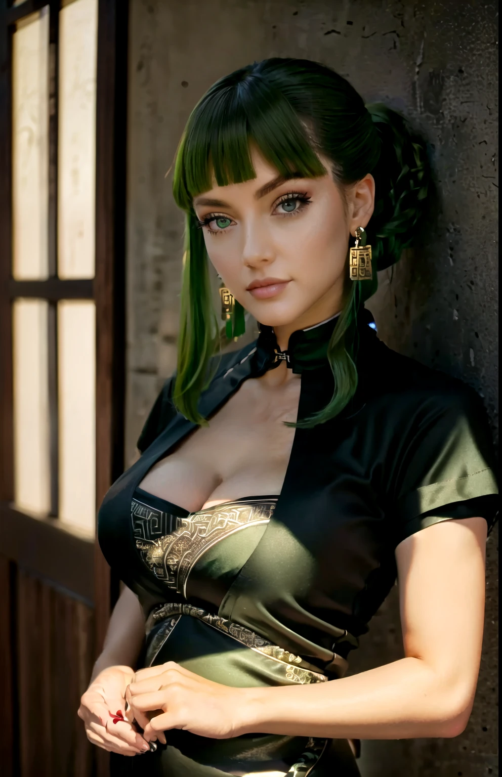 Ryofu Housen, 1girl, solo, breasts, cleavage, twintails, green hair, green eyes, earrings, jewelry, smile, large breasts, collarbone, upper body, medium breasts, (((chinese qipao, Black Leggings, Boots,))) upper body, hallway, perfect lighting, ((shining face, shining body)), seductive look, perfect face, make up, eye shadow, gloss lips ((mature_woman)), ((adult woman)), ((gorgeous)), (iluminated face),(perfect quality), Extremely beautiful, perfect, hour glass body, (masterpiece:1.2), (best quality:1.2), cinematic, perfect skin, perfect lighting, textured skin, detail, beauty, wonder, sharp focus, ultra-detailed, illustration, perfect face, ((gorgeous)), Extremely beautiful, perfect, detailed background, alluring, standing, (detailed background, intricate background:1.1), beautiful, ((Extremely Detailed)), ((Best Quality)), ((Masterpiece)), ((4k))