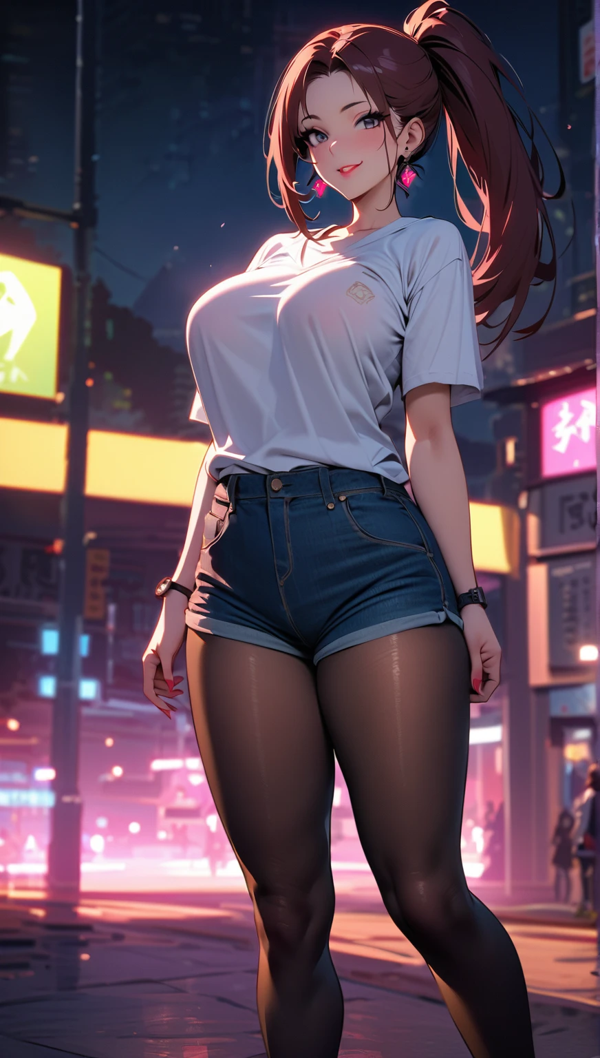 [nakano miku, brown hair, hair between eyes, blue cardigan, headphones, (((black pantyhose)))], 1girl, anime girl, anime, girl, 2d girl, 16y, (fullbody), blue eyes, smile, blush, cleavage, Solo, Slim, Big breasts, large Breasts, sfw, cowboy shot, Tight Shorts, low waist shorts, upshorts, outdoors, night background, looking at viewer, darker shadows, (((shorts))), (((thigh gap))), (((lowleg shorts))),