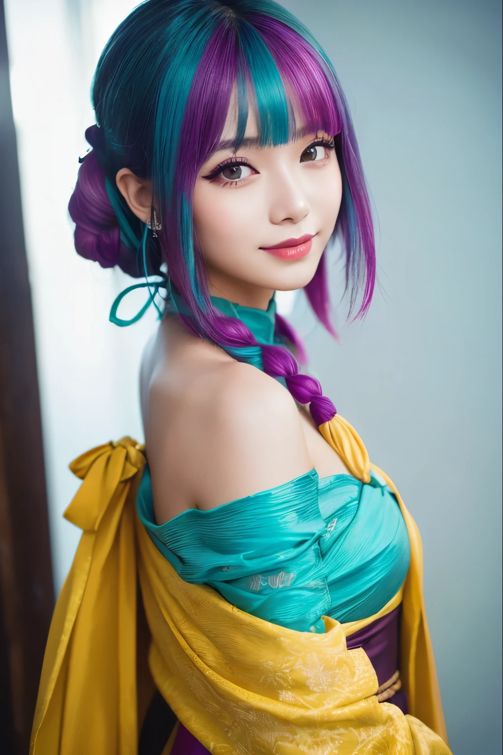 (masterpiece, best quality:1.4), (dynamic pose:1.2), (sitting at floor:1.5), (from back:1.5) 1girl, solo, looking at viewer, beautifull smile, big smile, (european youth:1), dragon ball, blmpony, (aqua hair:1), hair ribbon, braided ponytail, pink shirt, belt, scarf, pink skirt, clothes writing, brown gloves, medium breasts, solo, beautiful face, highly detailed face, highly detailed skin, highly detailed eyes, skin pores, subsurface scattering, realistic pupils, medium breast, full face blush, full lips, detailed background, depth of field, volumetric lighting, sharp focus, absurdres, realistic proportions, good anatomy, (realistic, hyperrealistic:1.4), 16k hdr,