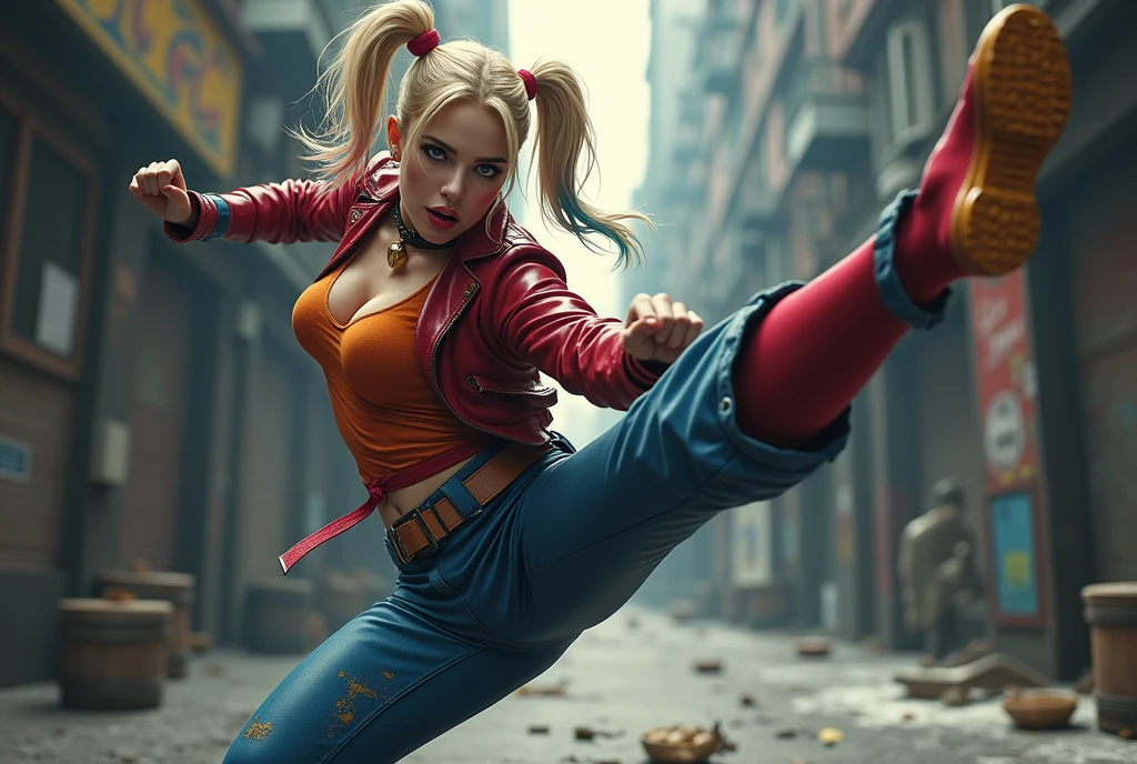 The image depicts a blonde woman in a dynamic martial arts pose with leg kicking high, she is wearing a low cut teal coloured crop top, The neckline sits provocatively low. Her blonde hair falls in choppy layers. Red lipstick enhances her seductive smile. she has perfect blue eyes, with a black background and red smoke, creating a dramatic and intense atmosphere.
