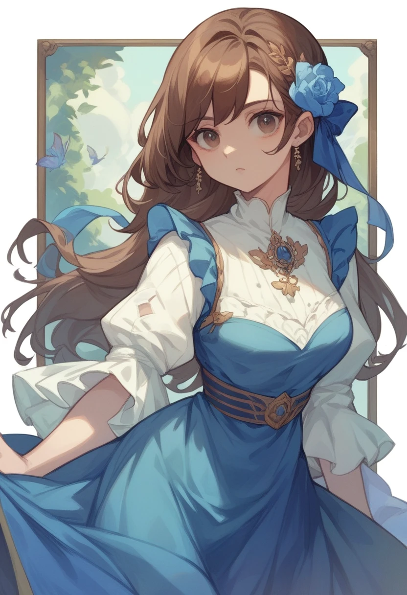 Masterpiece, ultra detailed, highest quality, (high quality anime), pretty woman, blue eyes, brown hair, braided hair, kind smile, slim body, large breasts, modest dress, fantasy setting, fancy room background