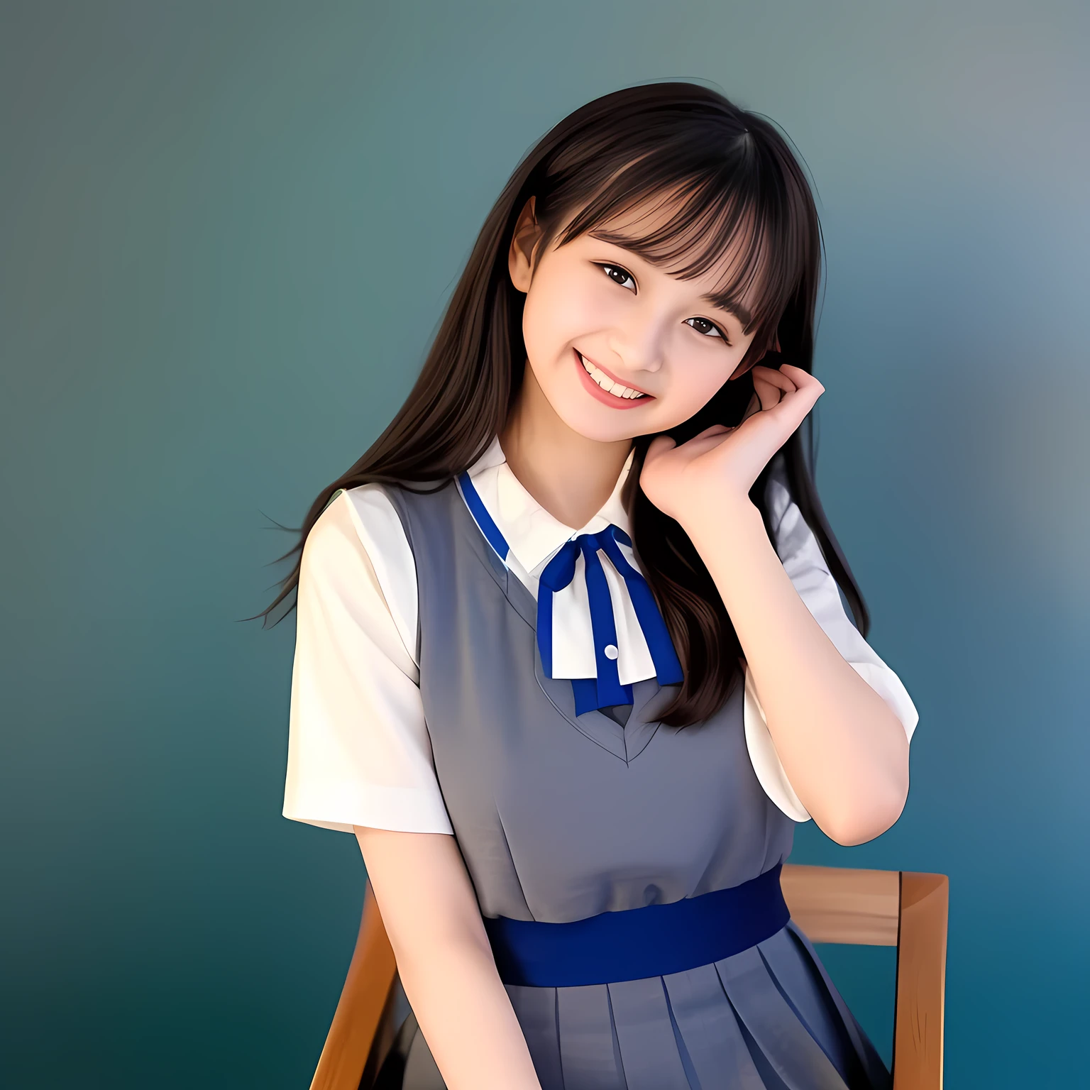 (Highest quality, masterpiece:1.2), Highest quality, High resolution, 1080P, 8k, height: 158cm, (A **** Japanese fashion model is seated, showing her palms, looking at the viewer, showing her cutest smile, very white face, using face-whitening cosmetics, prominent cool eyes, opened laughing giggling most open mouth, gray-gray-blue school summer uniform with gray-gray-blue vest and widely-boxed-pleats-short-skirt and silk blouse and red breast ribbon pulled by her hands, well-straitened long hair: 1.5), (white thighs and knees: 1.7), (Well-balanced, prominent, Intelligent, drooping, double-eyelids, brown shiny large prominent eyes with detailed: 1.5), (gray-gray-blue school uniform with gray-gray-blue vest and boxed-pleats-skirt, short-sleeves silk blouse, glossy red breast ribbon: 1.5), ((Beautiful well-figured glossy opened lips like fortissimo soprano singer: 1.2)), (mature breast), (Girl whom everyone loves because of her beauty and beautiful eyes and lovely fashion and noble manner), (Very beautiful, glossy, cute neat black hair, straight well-done hair-style: 1.3), (Drives me crazy for her glossy neat hair and Make me fall into love), (plain blue background: 1.6), (Best style like a **** fashion model, mature breast), (((Completely balanced beautiful big big eyes, looking at me))), (eyes, face and hair are especially beautifully detailed and beautifully drawn: 1.5), (Satisfactory best shot by professional famous photographer for school girl's beauty: 1.5), (The soft white light clearly shows her face extremely white: 1.2), (Very soft laughing cheeks, very soft hands pulling the breast ribbon down, People who touch it feel eternal pleasure: 1.2), (**** nicola fashion magazine model: 1.8)