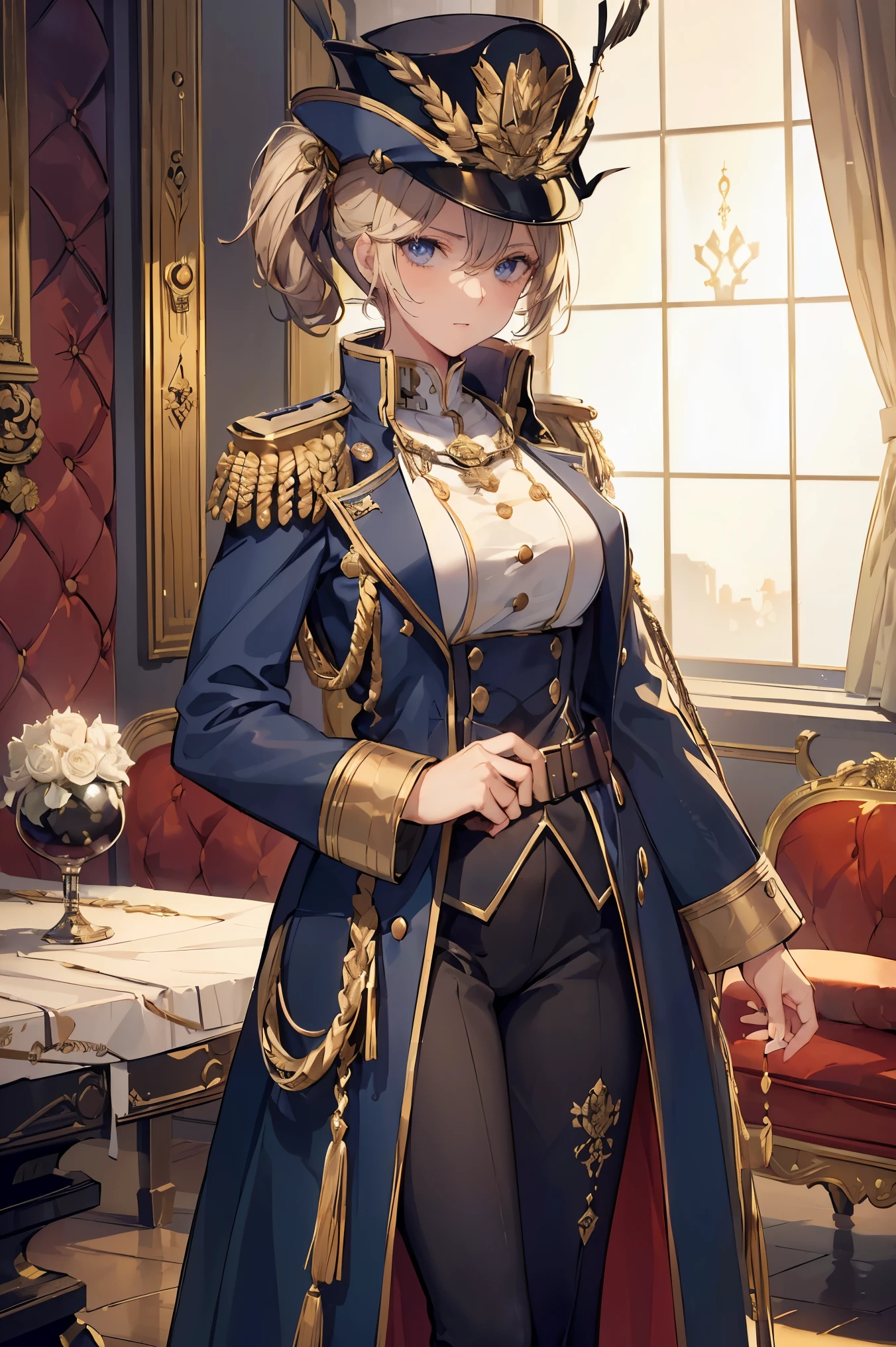 (((Best quality, 8k, Masterpiece: 1.3)), ((best quality)), ((masterpiece)), (detailed), perfect face, perfect body, (detailed skin:1.3), (intricate details), A woman in her twenties wears a military uniform inspired by Napoleon-era design. She has a commanding presence, with a tailored navy blue coat adorned with gold embroidery and brass buttons, along with epaulettes on her shoulders. She wears a tall, bicorne hat angled on her head, enhancing the historical feel. Her expression is serious and focused, and she stands with her hands clasped behind her back, exuding confidence and authority. In the background, there is a dimly lit room with old maps and a large wooden table, adding to the historical and regal atmosphere.