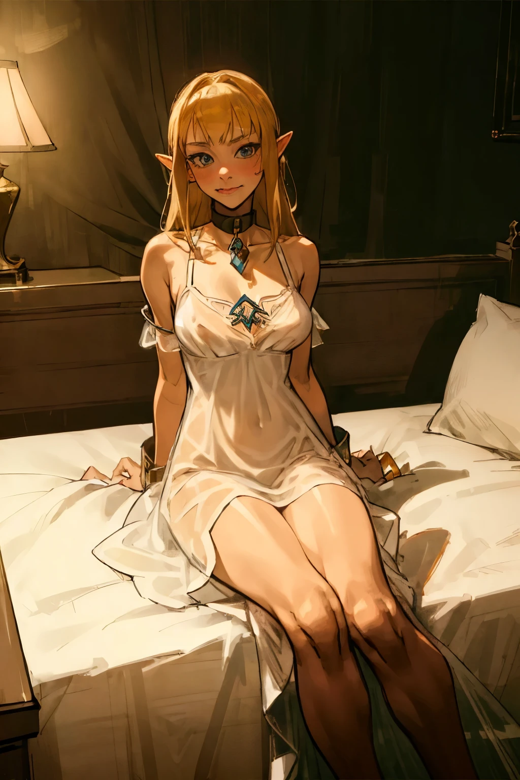 masterpiece, best_quality, (woman:1.8), (adult:1.67), solo, princess zelda, the legend of zelda, sksw, silk, white dress, large luxury bedroom, nightgown, short dress, collar, choker, collar,(bare shoulders), blushing, (straight back), ( cuffs), (legs together),(smiling:0.4),(blushing:0.7), (facing viewer), (looking at viewer), thin, translucent, see-through, stockings,  sitting on edge of bed, (large breasts), (from below:0.5), (shy:0.3)