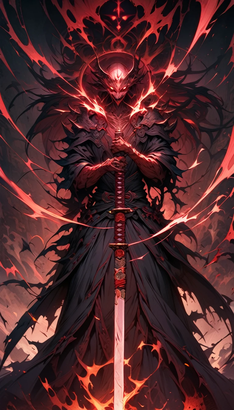 masterpiece, best quality, epic fantasy art style, cursed katana, evil aura, full art, full sword art, intricate details, ultra high resolution, sharp focus, HD, 8k, clear details, zoom out to get the full katana in the image, simple background, show full katana, katana centered on image to allow ample background to show