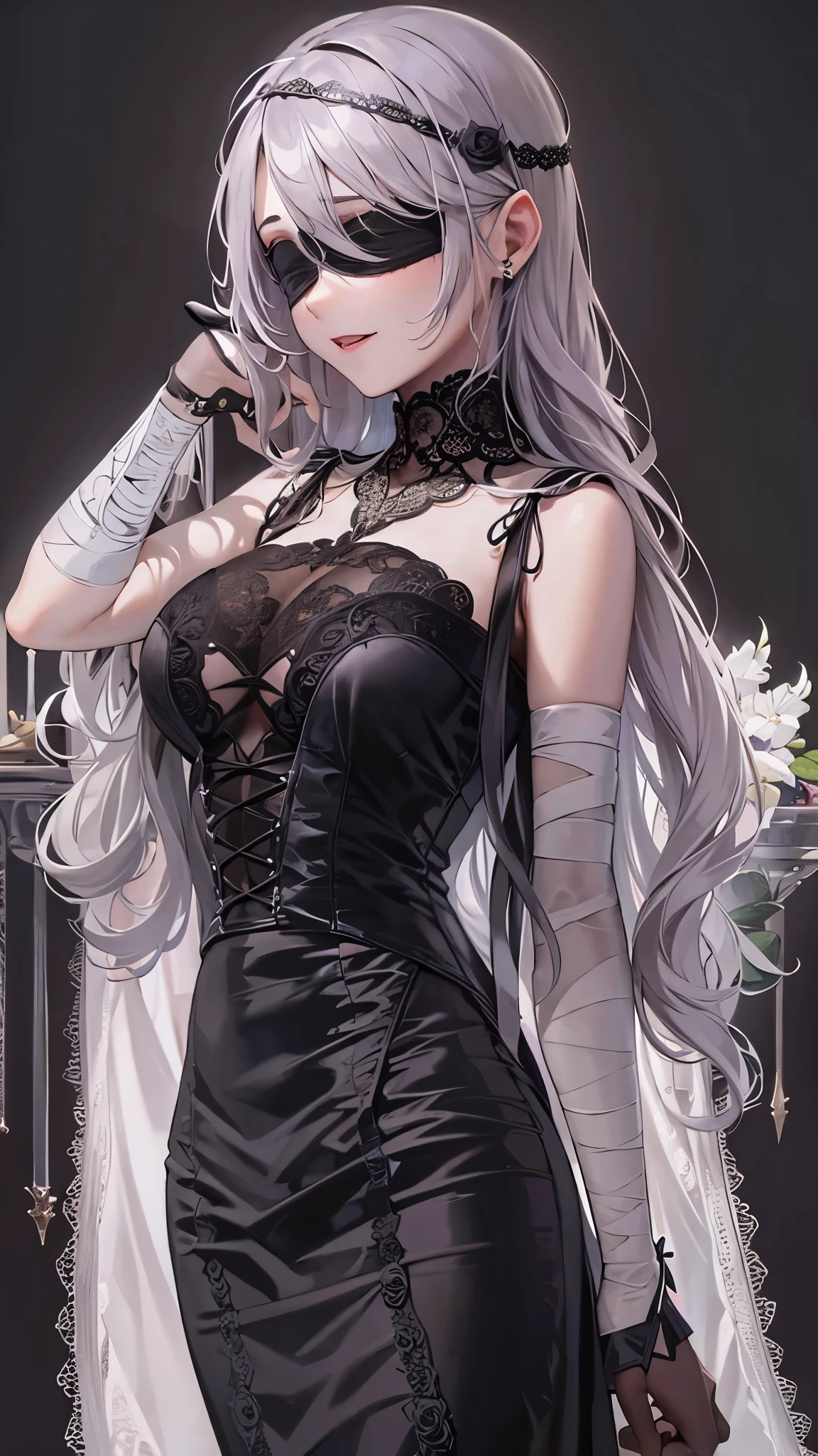best,a masterpiece, high res, Bestquality, UHD, super detaill, award winning, 16k,(upper half body),A beautiful maiden, grey hair,hair strand,((Heterochromic pupils)),Hanging eye corners,fair skin,(small chest),(Slim body),((Gothic style clothing)),(neck ring),(Short gloves as short as half the palm of your hand)