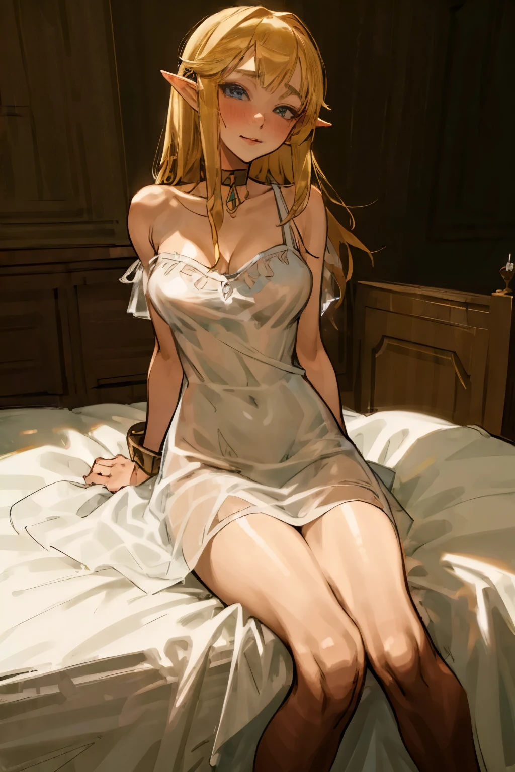 masterpiece, best_quality, (woman:1.8), (adult:1.67), solo, princess zelda, the legend of zelda, sksw, silk, white dress, large luxury bedroom, nightgown, short dress, collar, choker, collar,(bare shoulders), blushing, (straight back), ( cuffs), (legs together),(smiling:0.4),(blushing:0.7), (facing viewer), (looking at viewer), thin, translucent, see-through, stockings,  sitting on edge of bed, (large breasts), (from below:0.5), (shy:0.3)