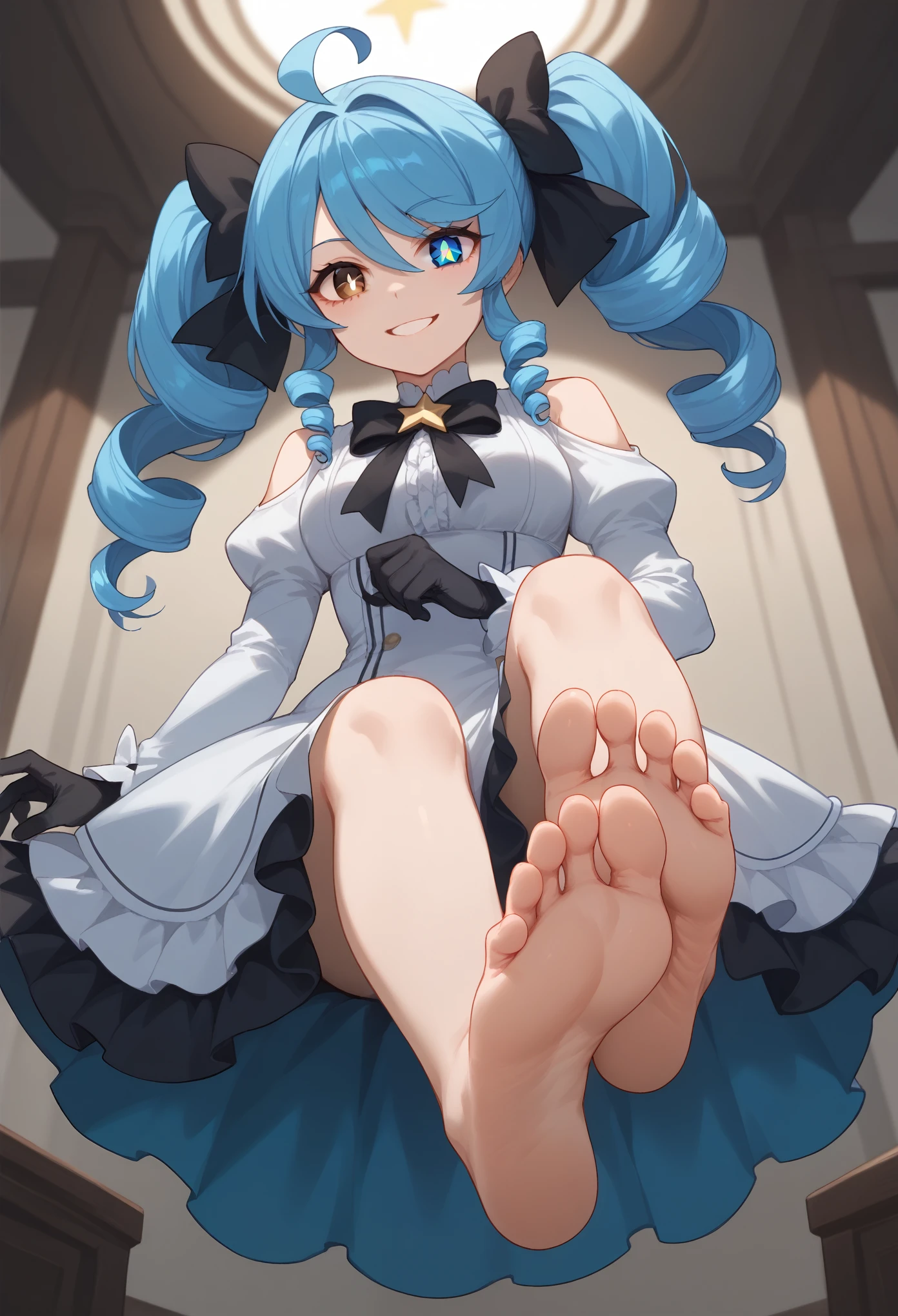 masterpiece, best quality, GwenLoLXL, blue eye, heterochromia, star-shaped pupil, blue hair, drill hair, hair bow, black bow, trwin drills, twintails, long hair, bangs, ahoge, medium breasts, puffy short sleeves, white dress, black gloves, brown eyes, , smile, barefoot, footstomp, soles, toes, foreshortening, view from below, indoors