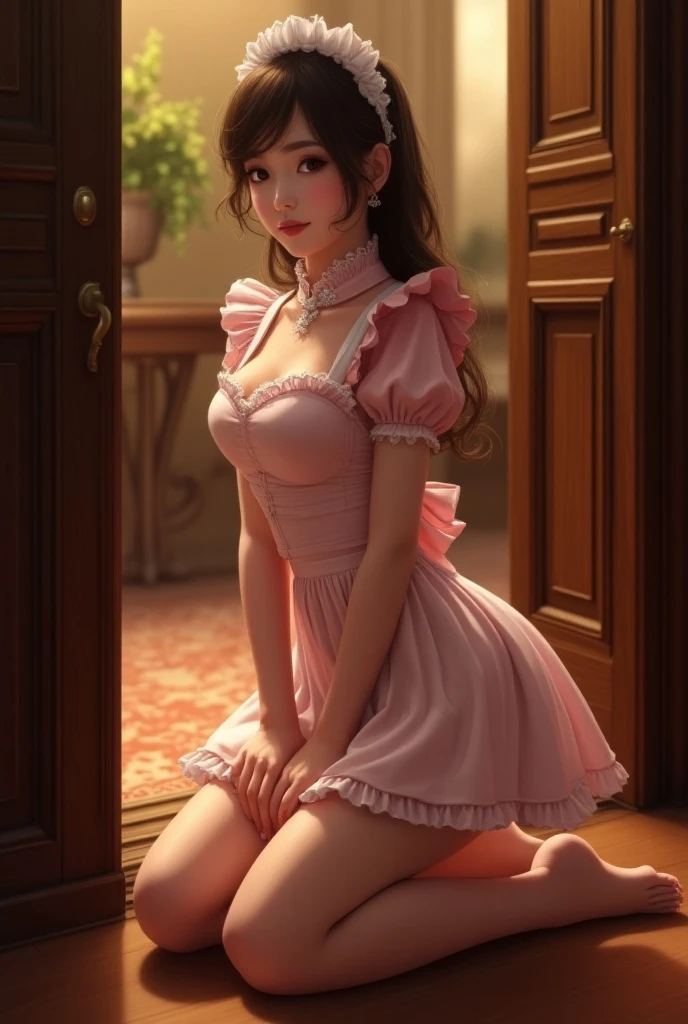 ultra high details, hires textures, anime oil painting,1girl, solo, , ,(puffy short sleeves:1.1), v neckline, cleavage, (plain pink satin dress:1.1), pink latex dress, (petticoat:1.2) , white long gloves, hands covered with long gloves,(white:0.8) thighhighs, bow on chest, (back:-1.3), (from behind:-1.3), back bow,hair bow, ,heart-shaped brooch on chest,,sitting, ,,blush, open mouth,,cute, , <lora:ALTXL_001_4:2>, best quality,medium quality,
