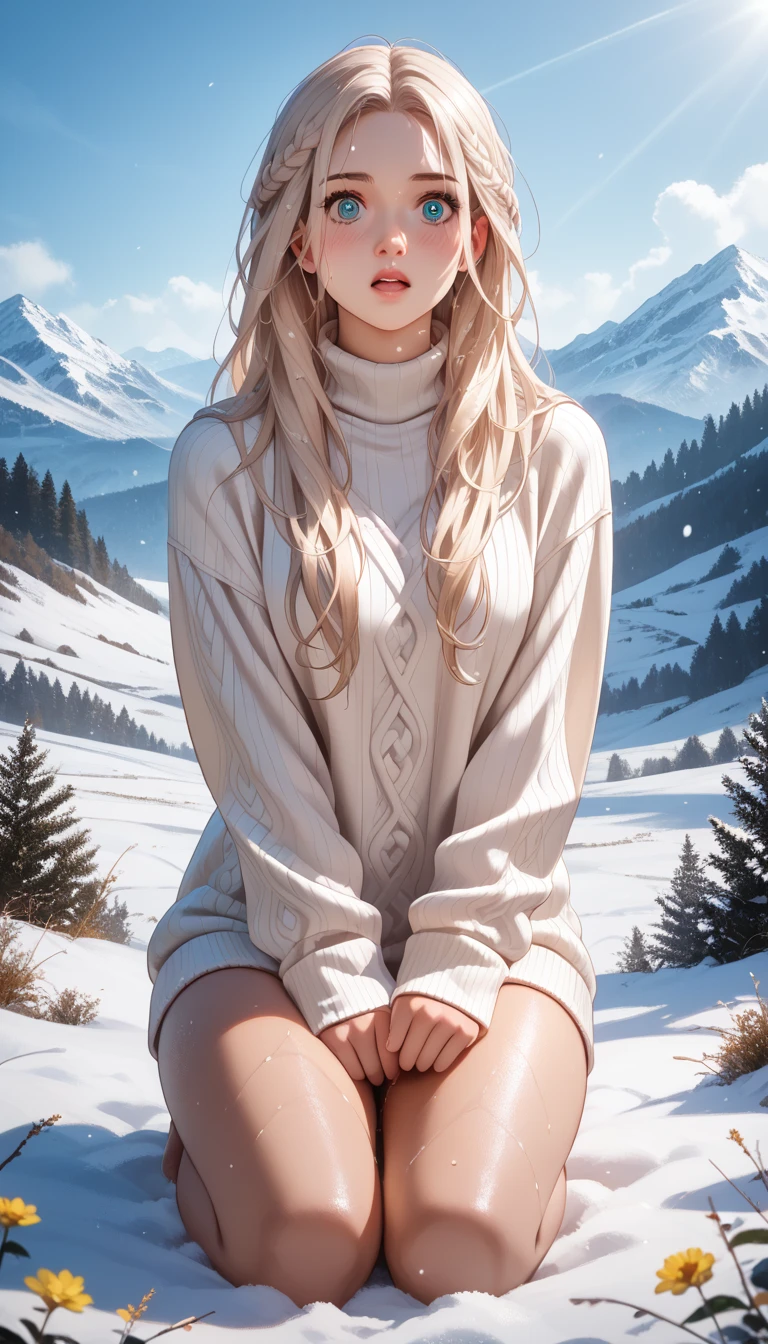  1 ,   shocked facial expression , ( long blond hair ,  wet hair,  masterpiece ,light skin,（ very detailed CG Unity 8k wallpaper）， best quality ，，Report， cinematic lighting ， detailed background ， beautiful and detailed eyes ，（Very fine and beautiful），（ Beautiful and detailed eye description ），ultra detailed， masterpiece ,facing the camera，((( just a bicolor sweater :  green and white ))), exposed thighs, absurdities， high resolution ，ultra detailed,emotive expression ,colorful， More detailed bedroom , Sensual, blush ,  25 years old ,   full body , in a snowy field ,