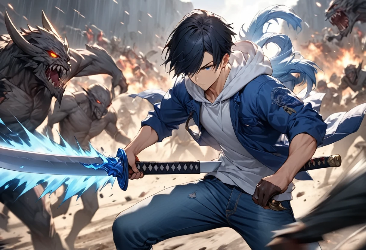  Chopping Knife "Claw " , Bladewers 1 .5ｍA Japanese sword with a large sword made of blue Orichalcon and wears a sacred pale aura that has slashed all kinds of monsters since ancient times , Focus on the sword ,  Young Man Wearing a White Hoodie, Blue Jacket, and Jeans"Asuka"is holding , Alone, Carcasses of monsters that have been defeated are scattered around,High speed battle((  Motion Blur ：2.0,  background blur)) ,The scene of the moment you cut the monster away  , A warrior worth a thousand men, There is no match in heaven