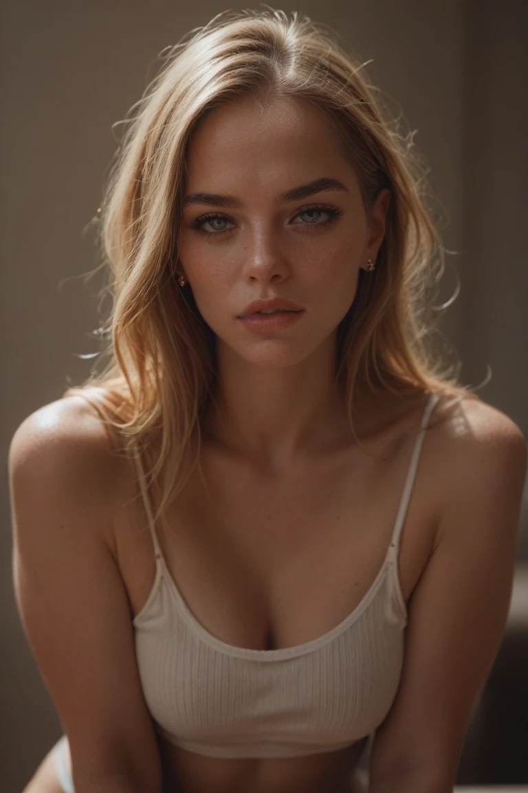 a 19 year old blonde woman and long hair staring frightenly at the camera, fit and feminine figure, firm and generous breasts, necklace, in a nocturnal bus, sit, from above, looking at viewer. backlit portrait, realistic face moody lighting, backlit face, portrait soft light, backlit beautiful face, portrait soft low light, close - up portrait shot, dramatic light on face, cinematic portrait, medium portrait soft light, glare, beautiful portrait lighting, light falling on face