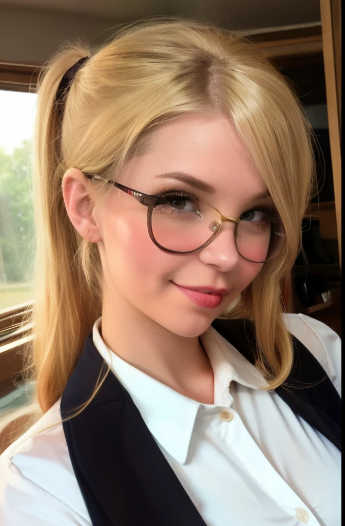 blush, smileglowing aura, natural light, masterpiece,  glossy skin, juicy lips , ,sexy, hot, , cleavage, evil,juicy lips, bimbo, hour glass, blonde hair,  wide eyes, green eyes, massive , dark lighting, long hair, pink bow, platform shoes, bow in hair, golden round glasses, sandy blonde hair,  ((cropped shirt)),  big , smile, pony tail, collared shirt