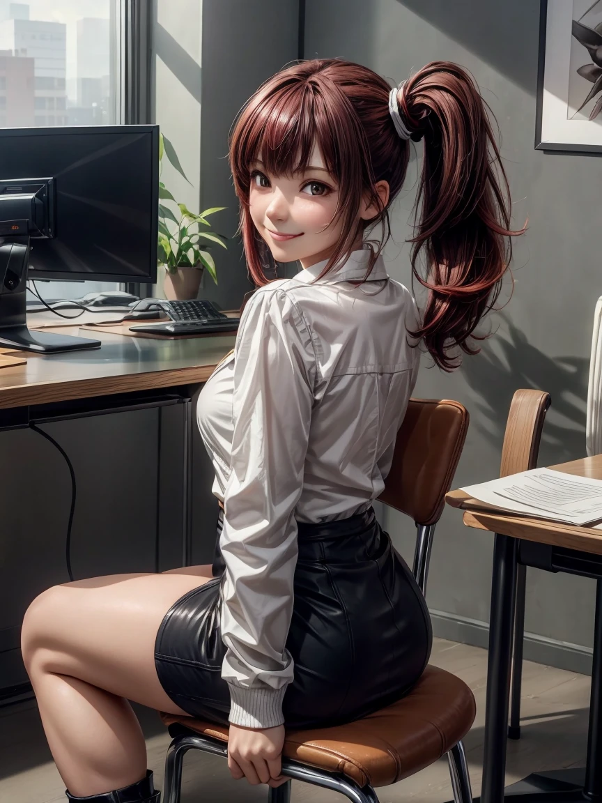 Ultra-high resolution CG Unity 8K wallpaper, Beautiful paintings, (( dark red hair 、 Left Side Ponytail )), ((  almond-shaped eyes :1. 4)), ( Teasing Smile:1.4), ((Image Processing Algorithms:1.5)),  high pixel density in front of the copier、 Beautiful and Sophisticated Eyes 、Best Quality, Ultra HD, Ultra-clear illustrations、 high contrast 、Color tone correction、 Ultra Realistic Oily Skin and Shiny Skin, Detailed fabric texture,  physical based rendering、 RETINA、 ray tracing,  RAW Photos, Natural front light、Accurate Fingers,  anatomically correct, 
break、
(( sit on chairs:1.2)),  Office Lady Overlapping the Sunset 、 dark blue jacket in front of the photocopier、 white blouse、 Miniskirt、  pencil skirt、 boots、In front of the photocopier、