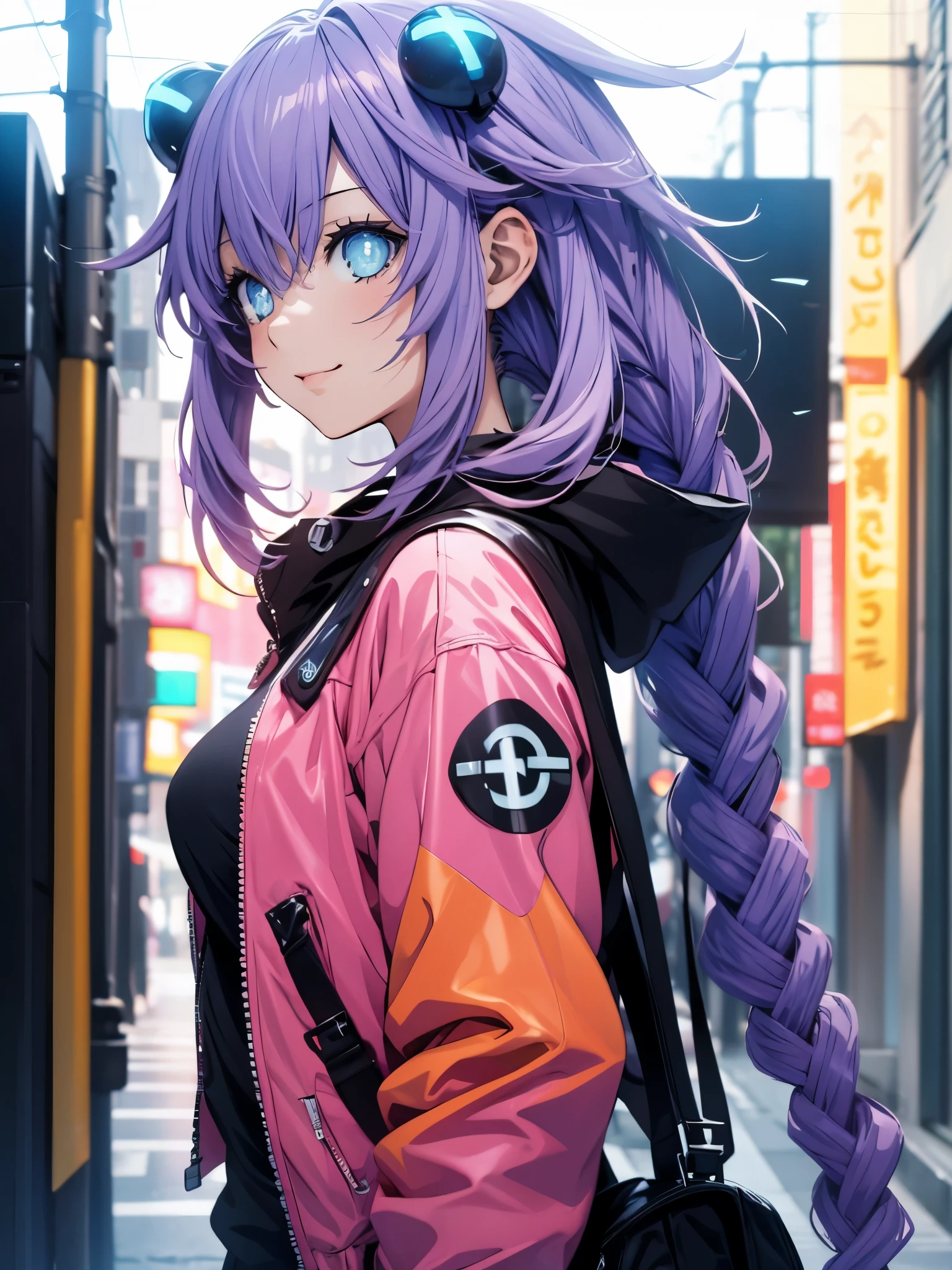 Masterpiece picture quality,Rainbow,Urban girl,ssmile,number art,style of anime,Retro anime girl,Punk girl,in an anime style,dual horsetail,Trendy,neonlight,depth of fields, perfil delantero
