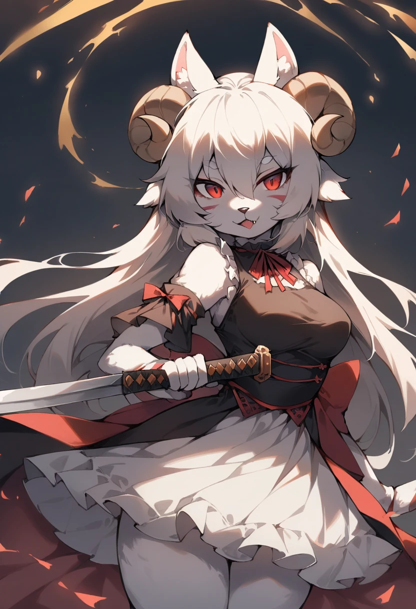 1girl, (furry, kemono:1.3), sheep girl, (sheep horns:1.2), solo, iaidow, weapon, katana, holding sword, ready to draw, sheathed, unsheathing, scabbard, dress, red eyes, long hair, fang, lolita fashion, gothic lolita, masterpiece, best quality, amazing quality, very aesthetic, absurdres, 