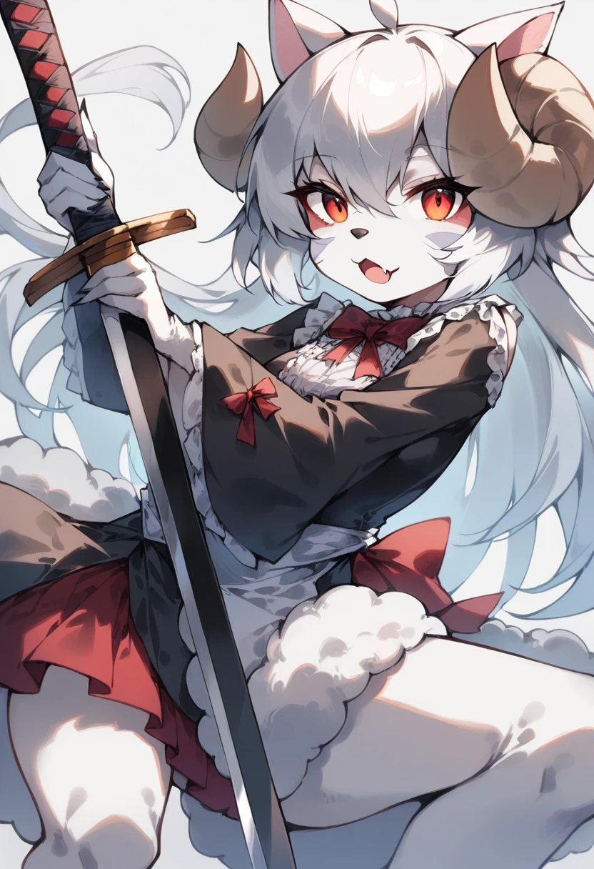 1girl, (furry, kemono:1.3), sheep girl, (sheep horns:1.2), solo, iaidow, weapon, katana, holding sword, ready to draw, sheathed, unsheathing, scabbard, dress, red eyes, long hair, fang, lolita fashion, gothic lolita, masterpiece, best quality, amazing quality, very aesthetic, absurdres, 