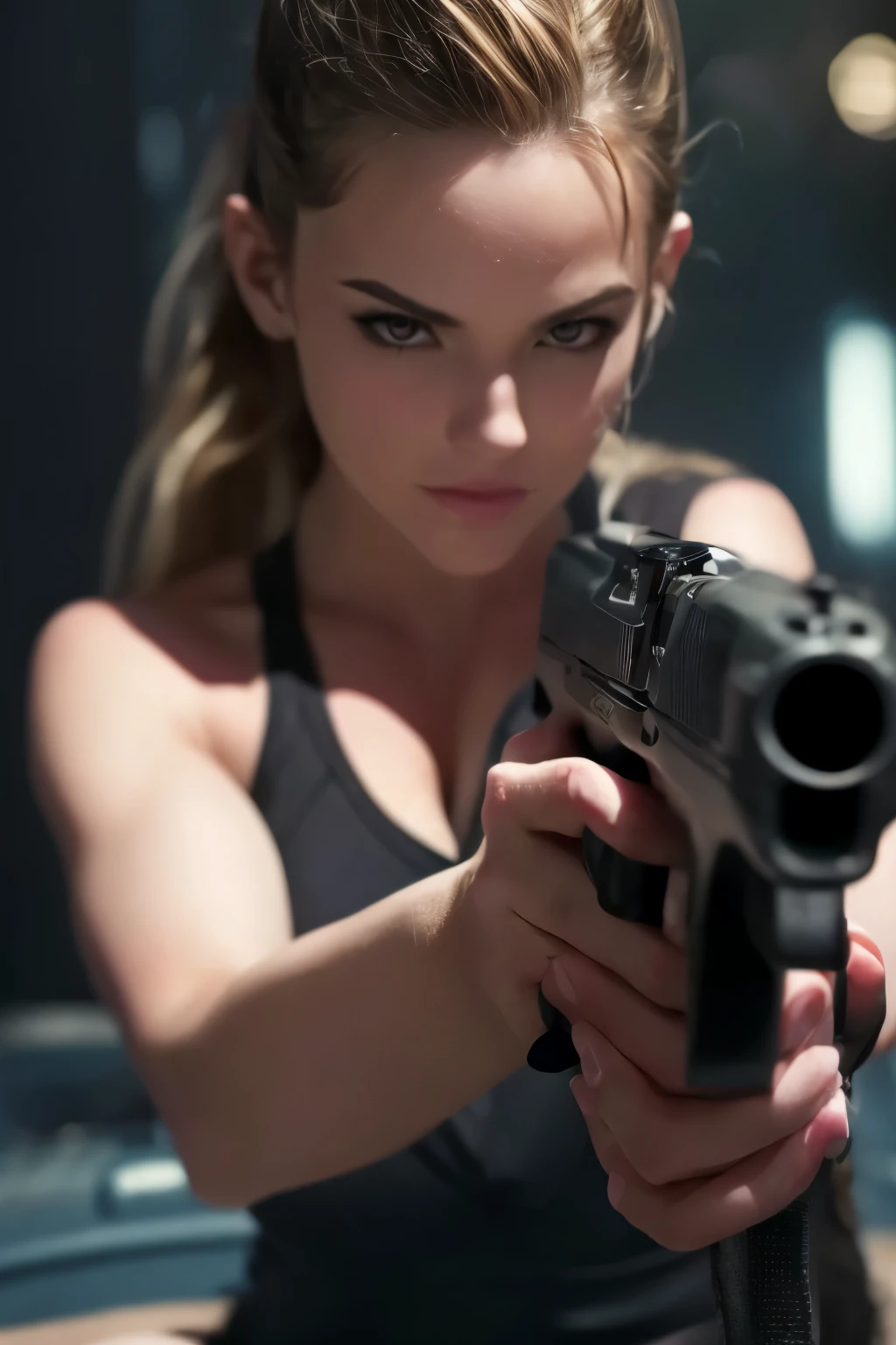 A hot Young girl holding gun. Pistol, hot Body ,detailed, best quality, 4K. Cinematic lighting.