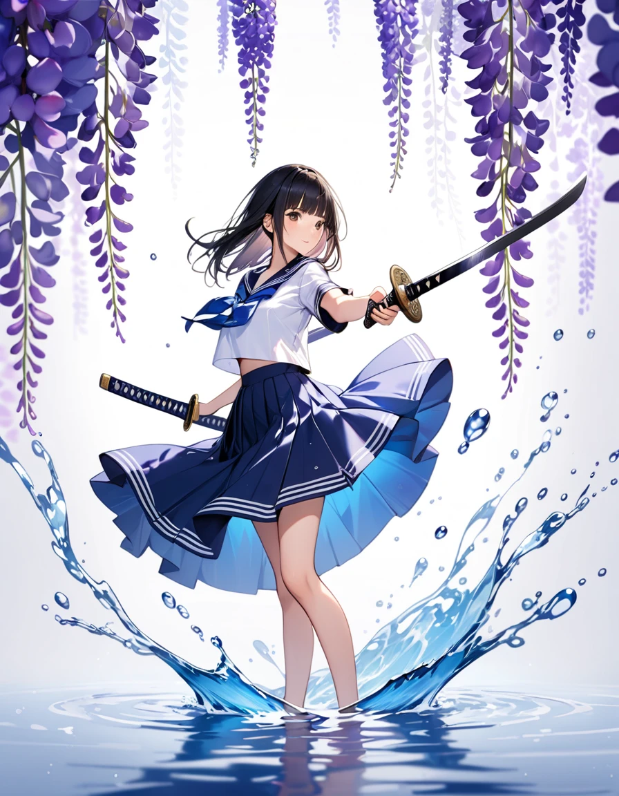 1 girl. a ******girl in a sailor suit brandishing a katana sword in front of wisteria flowers, pose. wisteria flower is illustration. long black hair in hime cut, Neat straight bangs arranged horizontally, Wearing a sailor suit swaying in the wind. tall, Full body shot. Water splashes, Water drops, pale blue and whitish purple gradient background, artistic painting, Detailed illustrations, precise katana sword shape. ((masterpiece, best quality, high resolution))