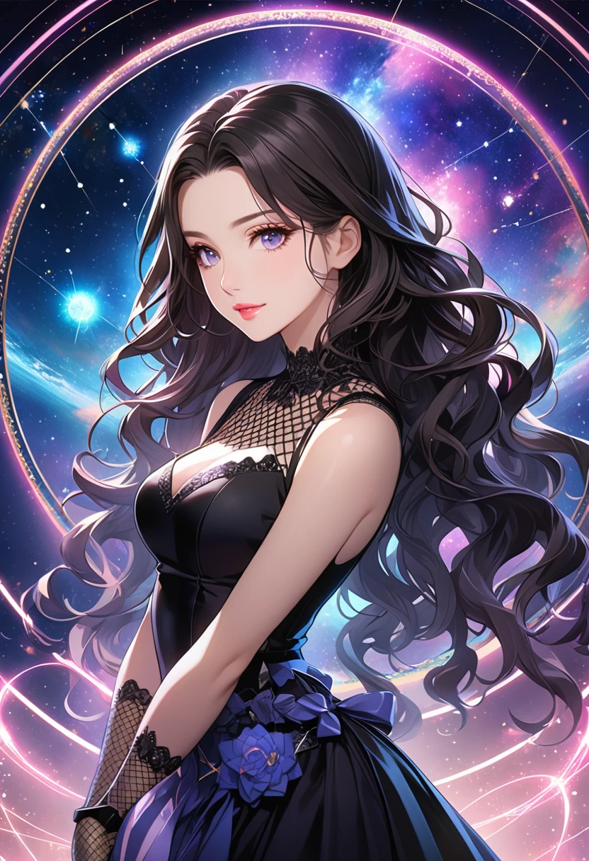 (masterpiece), (best quality), 1girl, (perfect face:1.2), (beautiful face:1.2), black hair, (from below, upper body:1.3), happy, light smile, looking at viewer, pose, see-through, outdoors, (midnight, night sky, milky way), intricate, depth of field, cinematic lighting,
