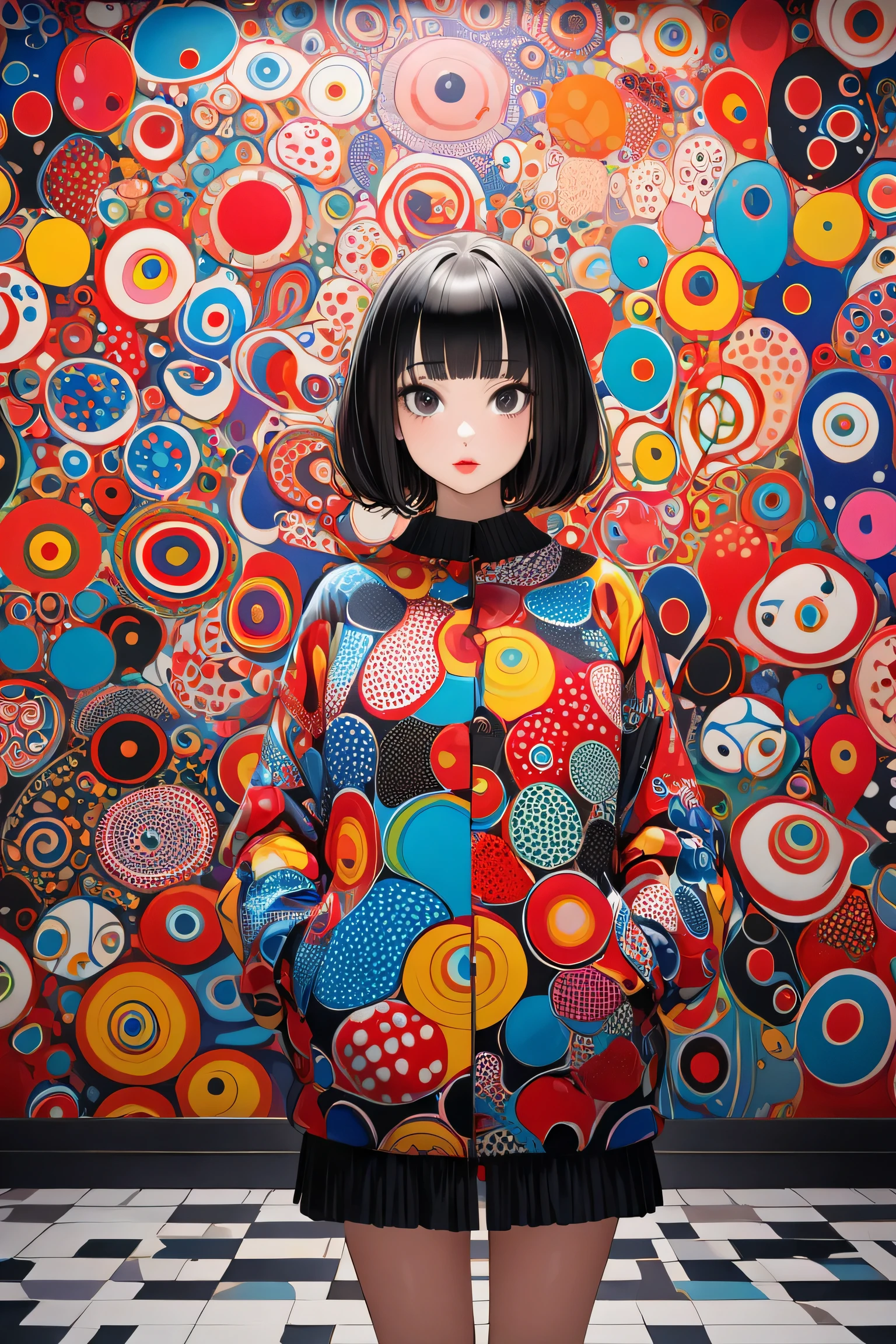  Ultra-realism Yayoi Kusama colorful style, Simple Line Initialism，Abstract art，(((The most beautiful girl of all time))), Sweet face. Lips in love, stylish design, Dark Eyes, (((Holiday Room))), (((Cute amoeba)))