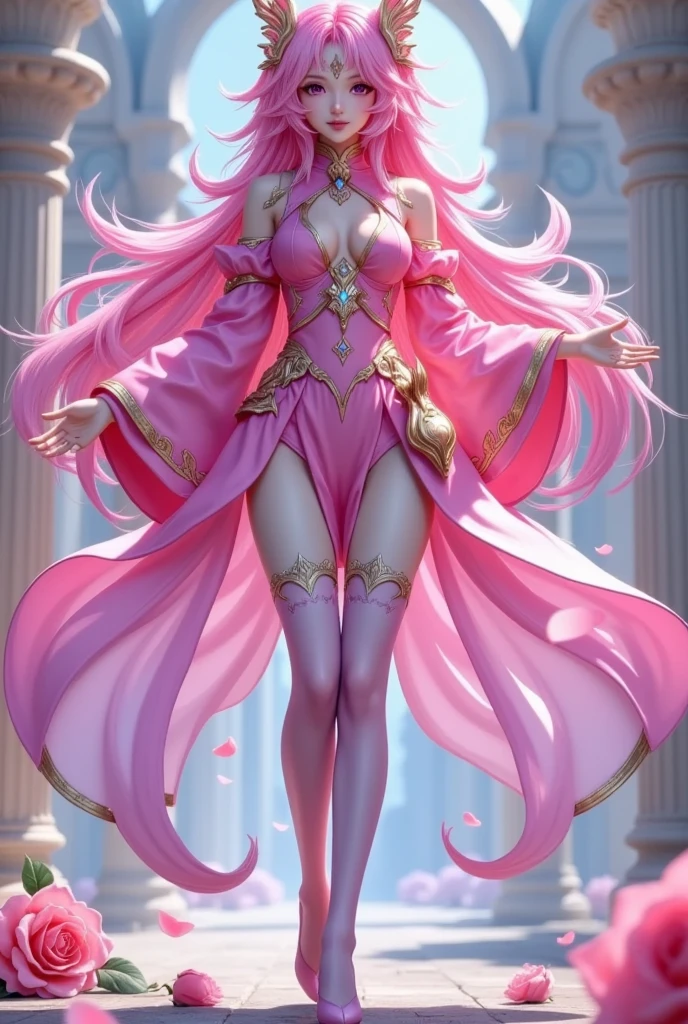 a full-body portrait of beautiful female anime character, in the style of light gold and pink, intricate details, 8k uhd, long hair, pink hair, jewelry, bangs, hair ornament, earrings, yellow eyes, long sleeves, shiny, blush, leotard, smile