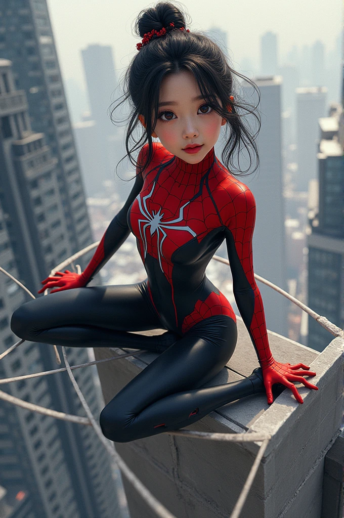 4k, realistic, carismatic, very detail, there is a girl in a park wearing spiderman costum, she is a spiderman, super hero theme, black long hair, 25 years old, full body