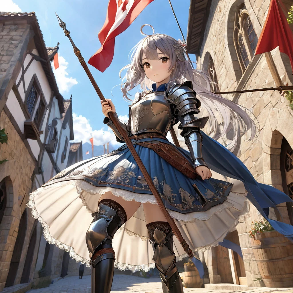 (  highly detailed CG octane rendering 8k wallpaper with a long spear ),  World's Most Beautiful Artwork ,  with a flag attached to a long spear, Complex,  high detail, ８ year old girls, Silver embroidery,  Medieval Long Cotton Dress（With panniers）, Cotton fabric,  raise my skirt , Strong winds, Transparent slip, Translucent Tights , Peeking from below, Best Quality, Disarray of clothing,  lies down, underwear,  show off your thighs, Knight , Skirt lining, Bloomers、Leather Armor、Full body shot seen from below 
