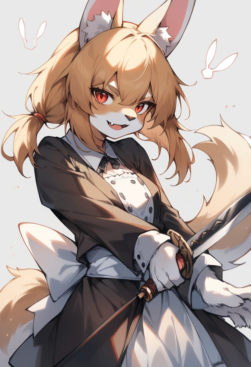 1girl, (furry, kemono:1.3), rabbit, rabbit girl, rabbit ears, solo, iaidow, weapon, katana, holding sword, ready to draw, sheathed, unsheathing, scabbard, dress, red eyes, long hair, fang, lolita fashion, gothic lolita, masterpiece, best quality, amazing quality, very aesthetic, absurdres, 