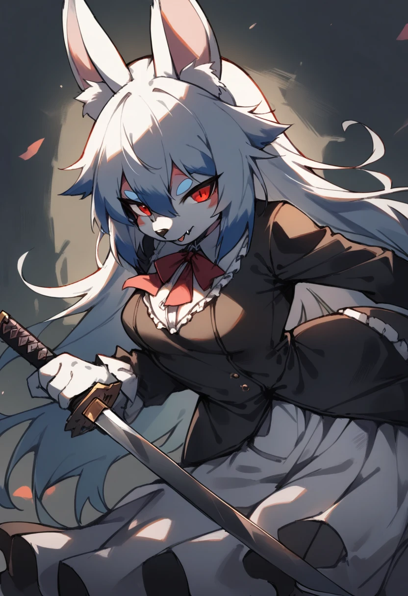 1girl, (furry, kemono:1.3), rabbit, rabbit girl, rabbit ears, solo, iaidow, weapon, katana, holding sword, ready to draw, sheathed, unsheathing, scabbard, dress, red eyes, long hair, fang, lolita fashion, gothic lolita, masterpiece, best quality, amazing quality, very aesthetic, absurdres, 