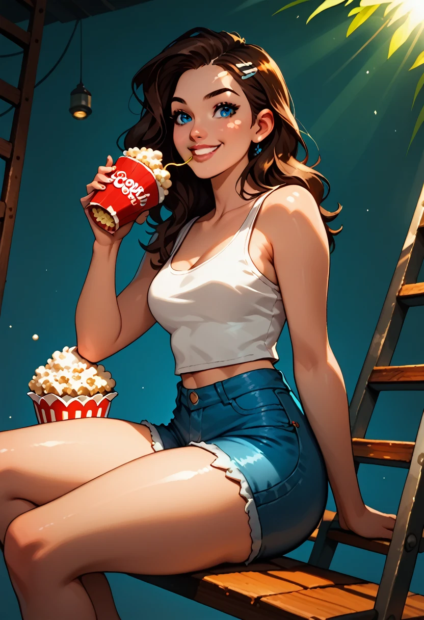 girl, ,   straight brown hair,  blue eyes,    sharp features   ,  white pele, Bright pink lips, perfect, (((white tank top)), (((   short and tight denim shorts)), thick legs thick thighs , smile, pose sexy,  Sitting on a ladder,  eating popcorn , sunlight