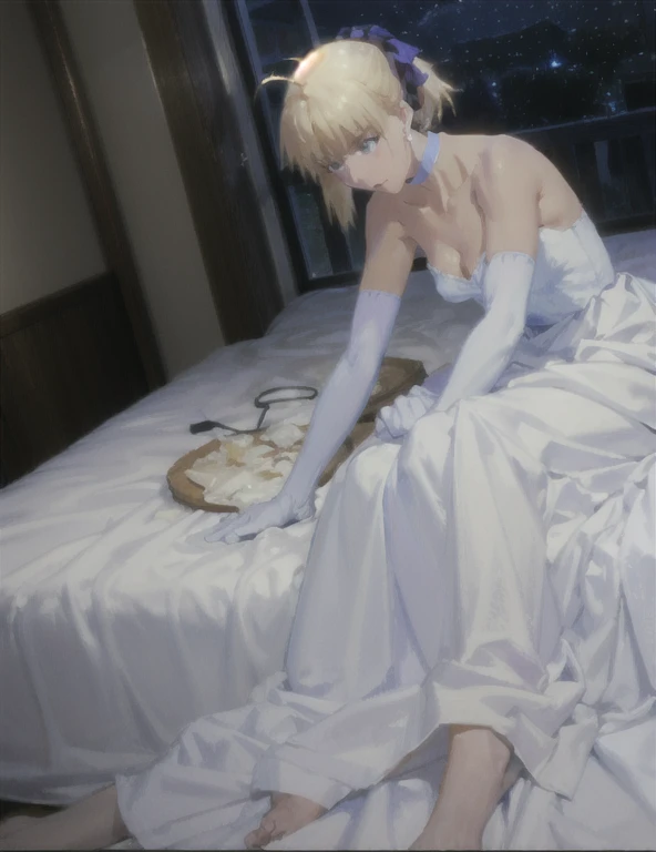 android18, 1girl, solo, breasts, looking_at_viewer, short_hair, blue_eyes, blonde_hair, cleavage, jewelry, medium_breasts, bride, veil, closed_mouth, long_dress, kneeling, from_above, wedding_dress,