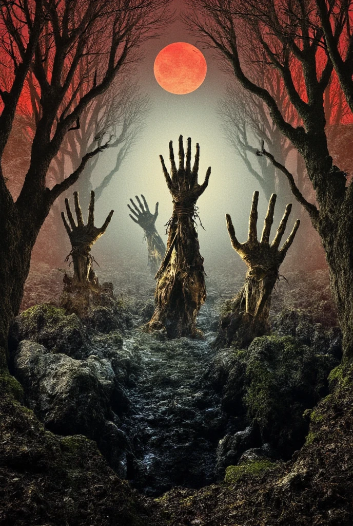 (psychedelic horror), 4heads, (scar face:1.5), wet matted hair, deformed face, looking over at viewer with a rotted broken missing teeth grin, blinded sunken cloudy eyes, Disgusting deformed and rotten old witch hag ladies creeping in the shadows, off-center in the distance in the dark, hunched back, wearing moldy tattered rags, body horror ((red glowing hollow five stars sigil floating above head)), creepy nighttime suburbs setting, midnight,