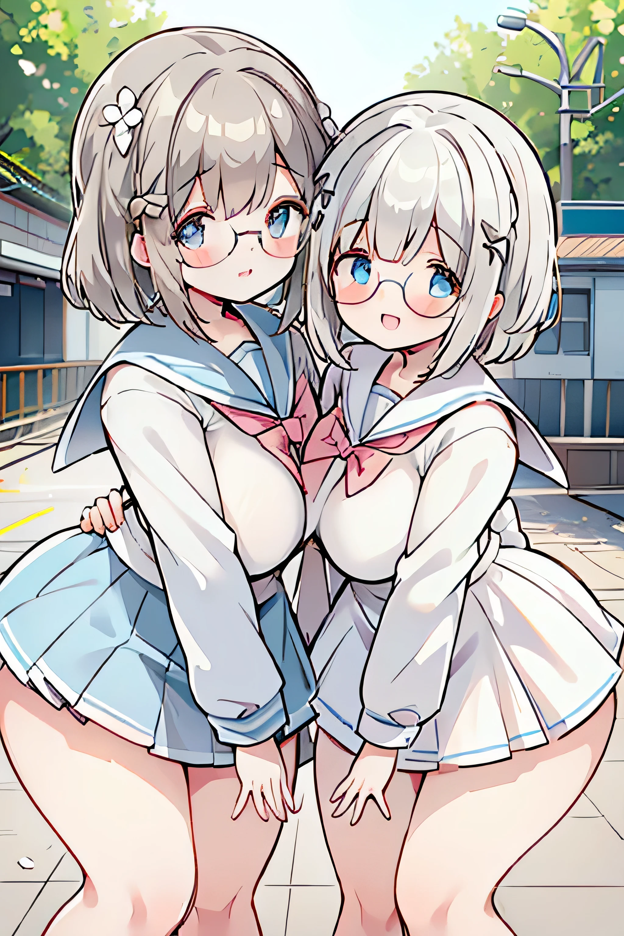 ultra-detailliert, Best Quality, High resolution, ((Two cute girls)), Pretty eyes、Looking at Viewer, pale skin, Petite,(Naked sailor suit)、(Bottomless)、 (A dark-haired)、(flat chest), (Glasses), (blush:1.2), Blue eyes, An embarrassed smile, NSFW, Classroom、Focus on the face、ceiling, long hair,