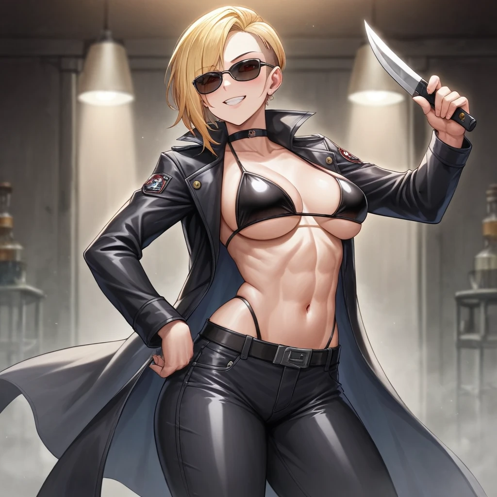 score_9, score_8_up, score_7_up, score_6_up, source_anime, High Quailty, Masterpiece, High Definition, Highly Detailed, Detailed Eyes, Detailed Teeth, Detailed mouth, Detailed Clothes, Detailed Hair, uncensored, 5_fingers, solo, female Wesker from residnet evil, pale skin, blonde hair, black eyeshadow, red eyes, lushes lips, long undercut hair, black sunglasses, smiling, long tounge, black trench coat, black latex bikini top, black cargo pants, black combat boots, tentacle arm, laboratory, wide hips, thick thighs, curvy thighs, hip focus, medium breasts, slim waist, thick bodied, big butt, toned build, waist up shot, looking at audience, facing towards audience, sfw, holding a knife