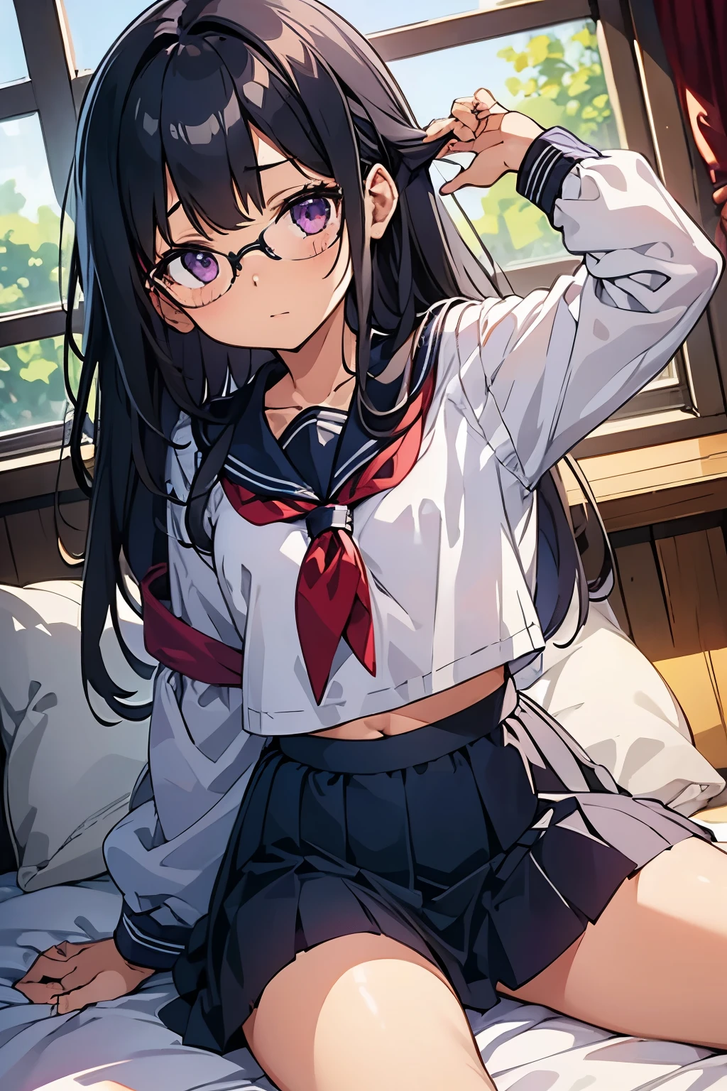  elementary school  toddler flat chest black hair 　 straight long hair　big round glasses　Purple Eyes　（（One person））　Half Sleeve Sailor Suit　Navy blue mini skirt　 white panties　（（ panties visible））　 girls' rooms　Lying on the sofa　camera angle from foot　Lower body up　 dynamic angle  　 low angle