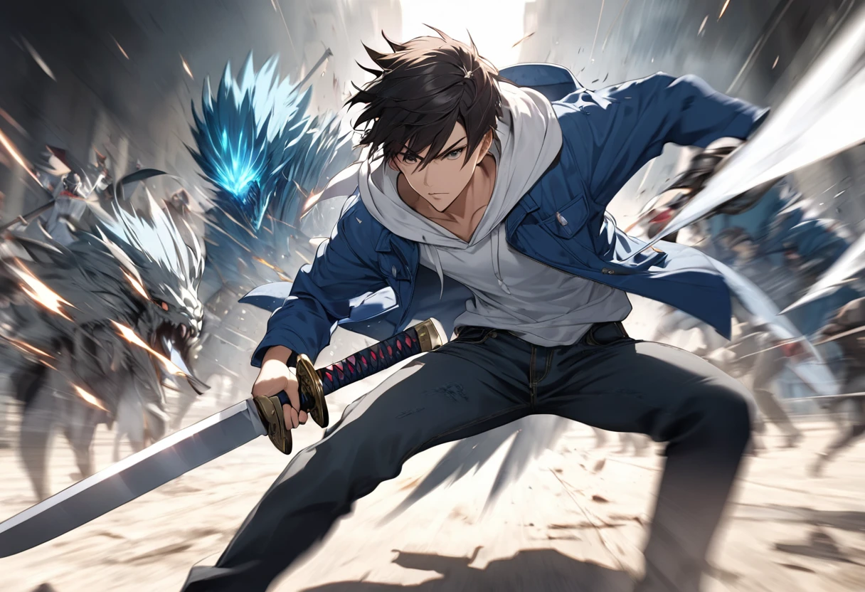  Chopping Knife "Claw " , Bladewers 1 .5ｍ is a large sword made of blue Orichalcon, and a Japanese sword wearing a sacred pale aura that has slashed all kinds of monsters since ancient times , Focus on the sword , Dark-haired young man in white hoodie, blue jacket and jeans"Asuka"is holding , Alone, Carcasses of monsters that have been defeated are scattered around,High speed battle((  Motion Blur ：2.0,  background blur)) ,The scene of the moment you cut the monster away  , A warrior worth a thousand men, There is no match in heaven