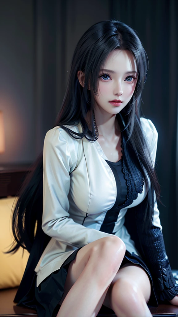 Portrait photo of a girl, Photorealistic, High resolution, 1 Women, Solo, waist-up, Beautiful eyes, Close lips, Detailed face, White hair, Long hair, Collared shirt, black necktie,Black skirt, pencil skirts, Fur coat, Stockings、(Woman lying with head up on a fur bed）Full Body Angle、