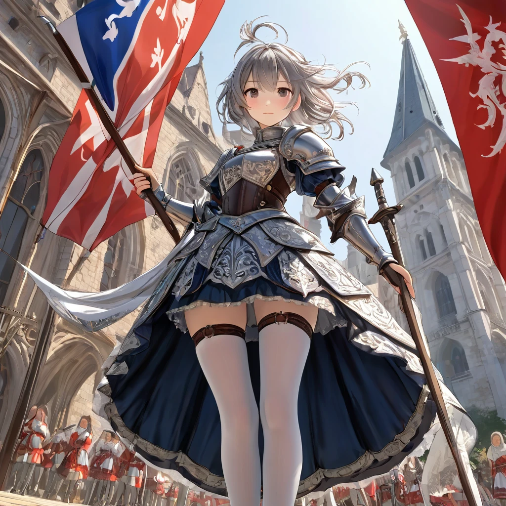 (  highly detailed CG octane rendering 8k wallpaper with a long spear ),  World's Most Beautiful Artwork ,  with a flag attached to a long spear, Complex,  high detail, ８ year old girls, Silver embroidery,  Medieval Long Cotton Dress（With panniers）, Cotton fabric,  raise my skirt , Strong winds, Transparent slip, Translucent Tights , Peeking from below, Best Quality, Disarray of clothing,  lies down, underwear,  show off your thighs, Knight , Skirt lining, Bloomers、Leather Armor、Full body shot seen from below 
