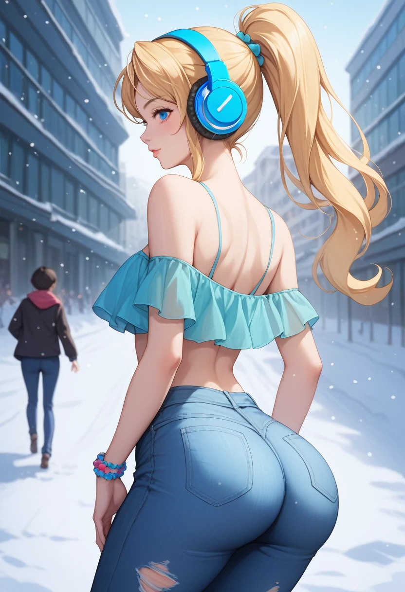  Hibari girl with headphones , blue headphones ,   razul headphones  , walking in the snow,  seductive anime , waifus de anime, Hot anime girl, waifus,  an anime girl , blue eyes,blue eyes,light blue eyes,( anime girl with long colored hair,  blonde and blue hair , ponytail hair,Butt dance  , ponytail hair),  anime look of a pretty girl  ,Excellent cleavage ,  wide blouse exposing shoulder , an exposed shoulder , ,short ripped jeans, big thighs, waist 50cm and hips 70cm ,  CG art of soft anime , anime woman,  female anime character ,  High-quality style art  .