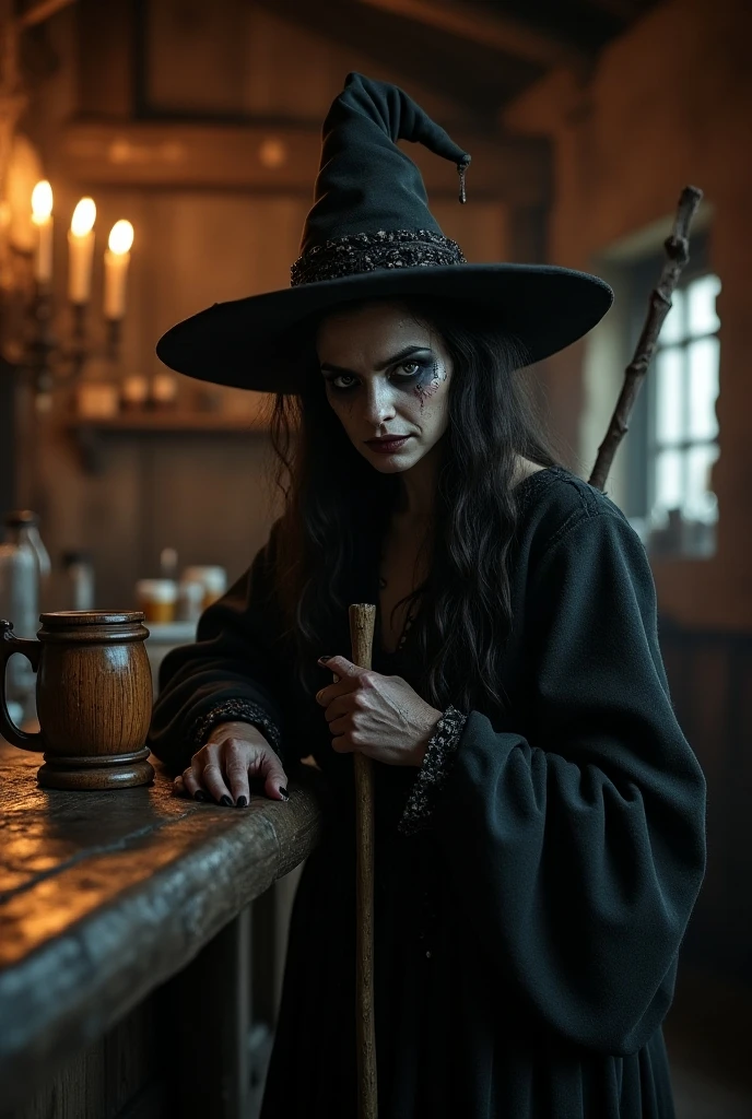 beautiful detailed eyes, beautiful detailed lips, extremely detailed eyes and face, long eyelashes, 1 woman, witch, short black hair, purple eyes, large bust, witch clothes, sitting in a tavern, smiling, realistic, full hd, best quality, highly detailed, cinematic lighting, photorealistic, atmospheric, warm color tones, dramatic shadows, intricate details, magical, fantasy, artstation, greg rutkowski