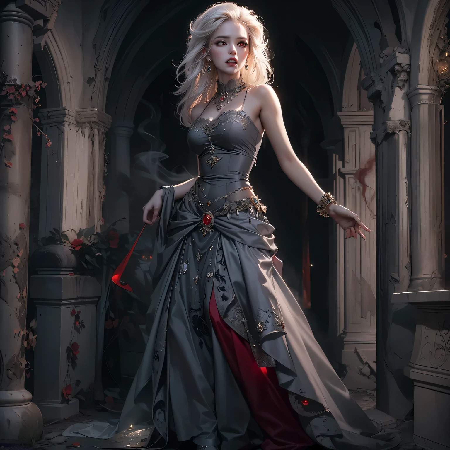 icture of vampire standing in the front of her home holding a (candy bag: 1.2), an exquisite beautiful female vampire in her front door of her home, full body (ultra detailed, Masterpiece, best quality), ultra detailed face (ultra detailed, Masterpiece, best quality), grey skin: 1.3 , blond hair, hair in a ponytail, long hair, blue eyes, cold eyes, glowing eyes, intense eyes, smile with [drops of blood on face] (ultra detailed, Masterpiece, best quality), dark red lips, [vampire fangs], wearing white dress (ultra detailed, Masterpiece, best quality), dark blue cloak, high heeled boots in front of her home, (holding a candy bag: 1.4), high details, best quality, 16k, [ultra detailed], masterpiece, best quality, (ultra detailed), full body, ultra wide shot, photorealism, luis royo style, dark fantasy art, moon light coming through the window, moon rays, gothic art, sense of dread, sense of seduction, bloodmagic
