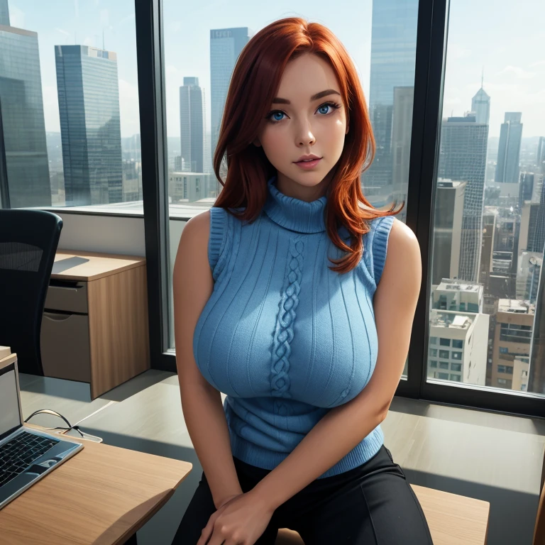 amazing stunningly beautiful, most beautiful women ever, (high angle:1.5), she is looking up at the camera, (doll-sized:1.5) curvy sexy secretary minigirl 40 year old (Christina Hendricks:1.3) sitting on the edge of an (enormous office desk:1.5) next to (giant keyboard:1.5), shocked mouth open, hair in a messy bun, amazing stunningly beautiful, pale skin, freckles, cameo necklace, small button nose, glasses, seductive, enormous breasts