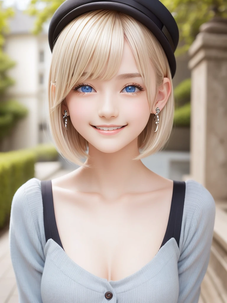 detailed face, cute face, master piece , best quality , woman , bowler hat , bangs , smile , outdoor, Shiny platinum blonde silky super short hair, side locks, beautiful shiny bangs, big clear sky blue eyes, very beautiful light eye highlights, earrings