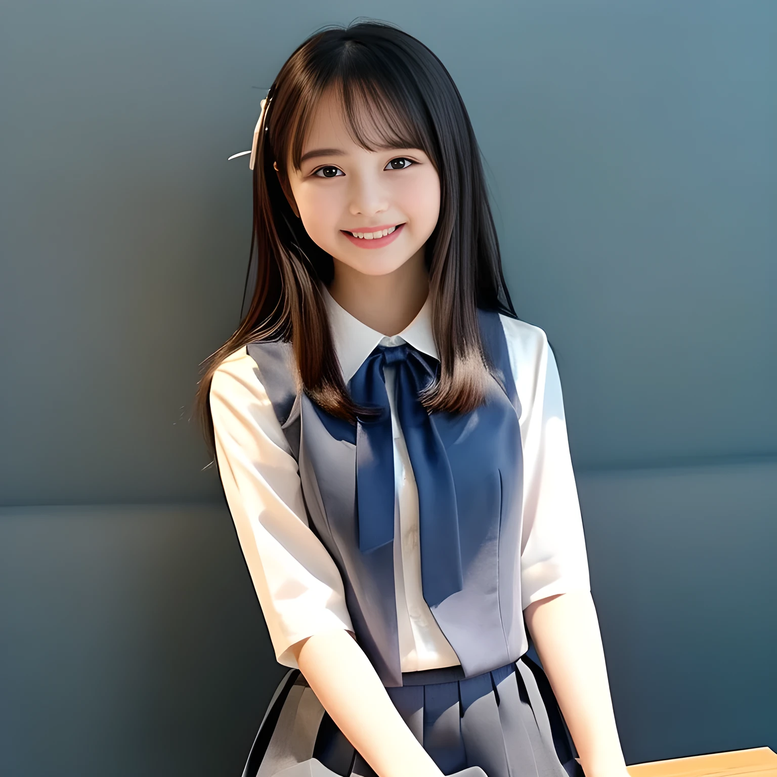 (Highest quality, masterpiece:1.2), Highest quality, High resolution, 1080P, 8k, height: 158cm, (A 13yo Japanese fashion model is seated, showing her palms, looking at the viewer, showing her cutest smile, very white face, using face-whitening cosmetics, prominent cool eyes, opened laughing giggling most open mouth, gray-gray-blue school summer uniform with gray-gray-blue vest and widely-boxed-pleats-short-skirt and silk blouse and red breast ribbon pulled by her hands, well-straitened super-super-long well-trimmed long hair: 1.5), (white thighs and knees: 1.7), (Well-balanced, prominent, Intelligent, drooping, double-eyelids, brown shiny large prominent eyes with detailed: 1.5), (gray-gray-blue school uniform with gray-gray-blue vest and boxed-pleats-skirt, short-sleeves silk blouse, glossy red breast ribbon: 1.5), ((Beautiful well-figured glossy opened lips like fortissimo soprano singer: 1.2)), (mature breast), (Girl whom everyone loves because of her beauty and beautiful eyes and lovely fashion and noble manner), (Very beautiful, glossy, cute neat black hair, straight well-done hair-style: 1.3), (Drives me crazy for her glossy neat hair and Make me fall into love), (plain blue background: 1.6), (Best style like a 13yo fashion model, mature breast), (((Completely balanced beautiful big big eyes, looking at me))), (eyes, face and hair are especially beautifully detailed and beautifully drawn: 1.5), (Satisfactory best shot by professional famous photographer for school girl's beauty: 1.5), (The soft white light clearly shows her face extremely white: 1.2), (Very soft laughing cheeks, very soft hands pulling the breast ribbon down, People who touch it feel eternal pleasure: 1.2), (13yo too much beautiful fashion magazine model: 1.8)