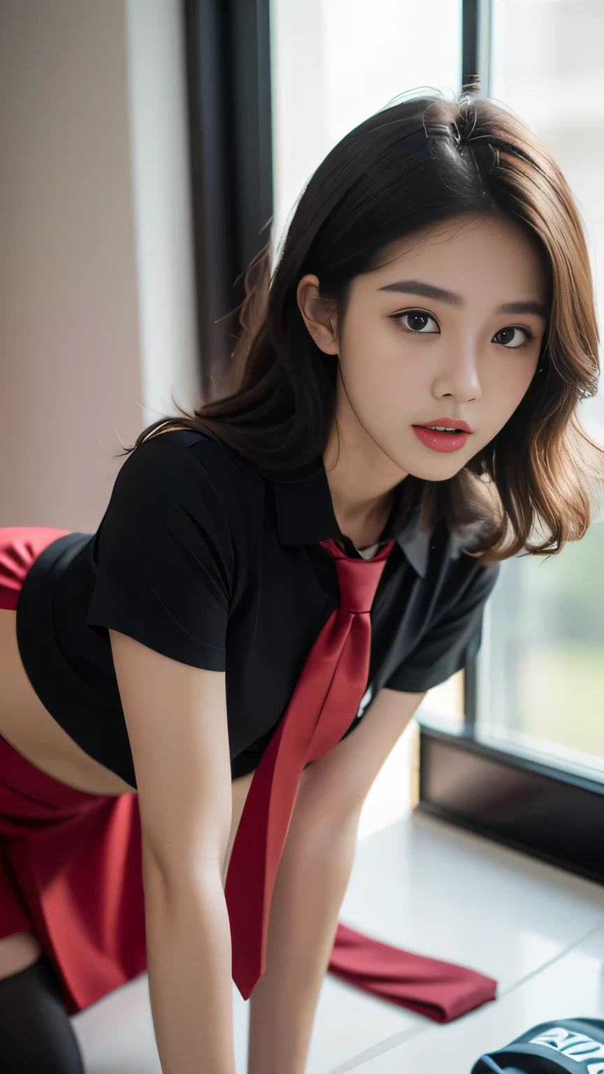 （8K，best quality，masterpiece：1.2），（In reality，realistic：1.4），（RAW photos）,perfect details，18-year-old South Korean female model，Korean beautiful girl，Goose egg face shape，wavy curly hair，pure desire，((upper body：5 Point Shirt，black shirt，(Little Red Tie)，short sleeve，Crop topping))，(private part：Skirt that hugs the buttocks，black)，Wear pantyhose and sneakers，chest이 크다，chest，Butt Lift，hotel，rooms，window，stand on all fours
