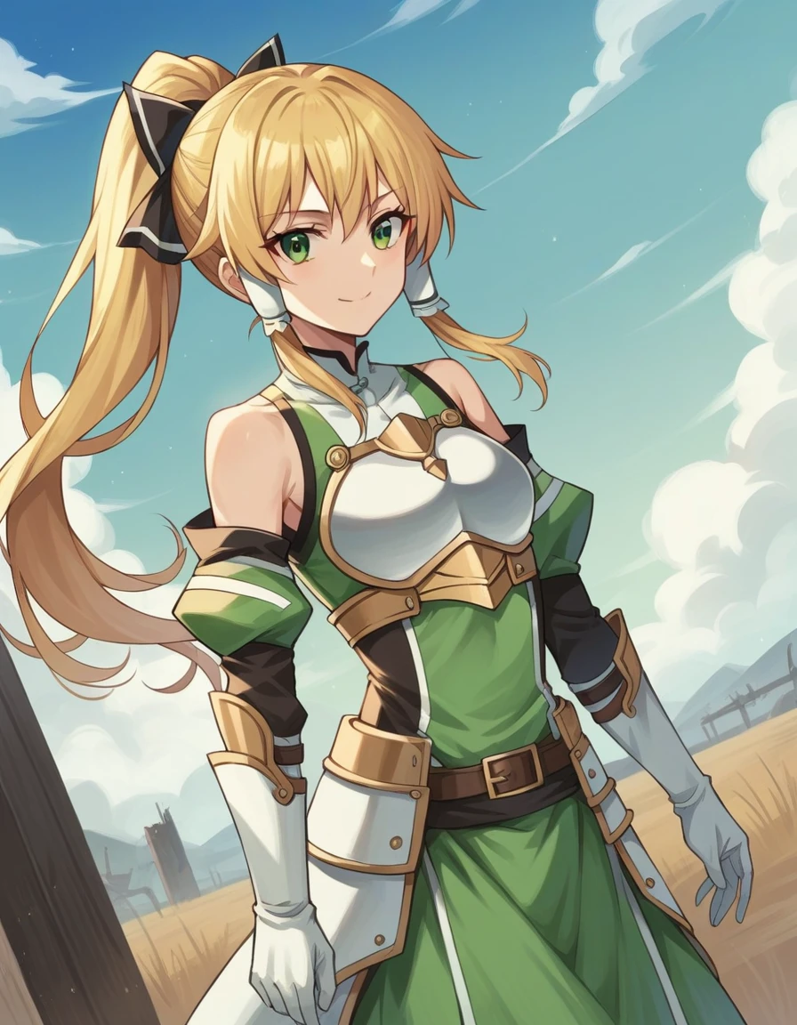 score_9, score_8_up, score_7_up, source_anime,
suguhakirigaya, suguha kirigaya, long hair, blonde hair, hair ornament, green eyes, ponytail, hair tubes,
bare shoulders, armor, breastplate, detached sleeves, gloves, white gloves, dress, green dress,
outdoors, wasteland, smile,
solo, looking at viewer, cowboy shot, dutch angle,